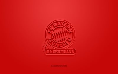 FC Bayern Munich basketball, creative 3D logo, red background, BBL, 3d emblem, German Basketball Club, Basketball Bundesliga, Munich, Germany, 3d art, football, FC Bayern Munich basketball 3d logo