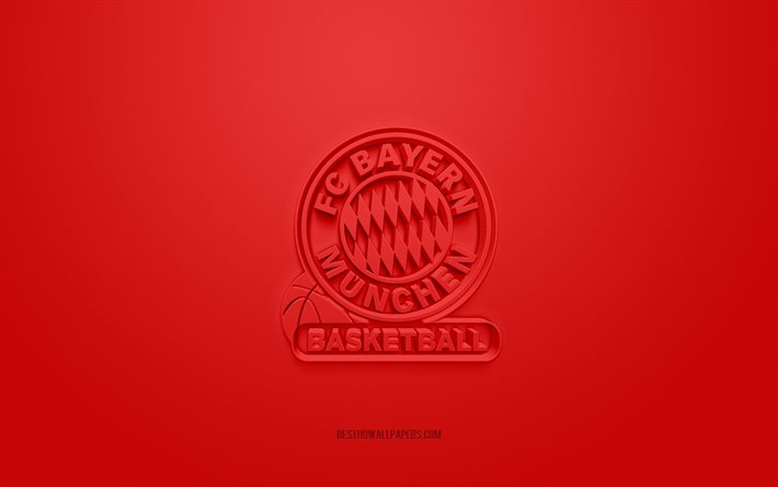 Basquete do FC Bayern Munich, logotipo 3D criativo, fundo vermelho, BBL, emblema 3D, Clube alem&#227;o de basquete, Bundesliga de basquete, Munique, Alemanha, arte 3D, futebol, logotipo 3D do basquete do FC Bayern Munich