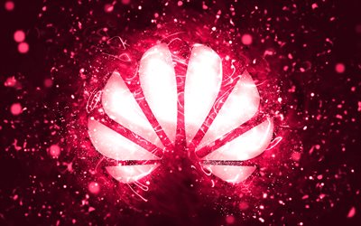 Logotipo rosa da Huawei, 4k, luzes de n&#233;on rosa, criativo, fundo abstrato rosa, logotipo da Huawei, marcas, Huawei