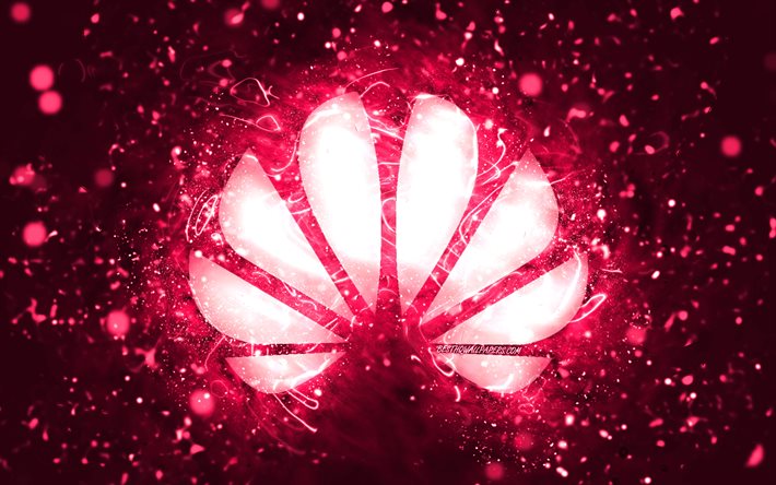 Huawei pink logo, 4k, pink neon lights, creative, pink abstract background, Huawei logo, brands, Huawei