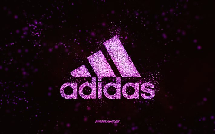Adidas glitter logosu, siyah arka plan, Adidas logosu, mor glitter sanat, Adidas, yaratıcı sanat, Adidas mor glitter logosu
