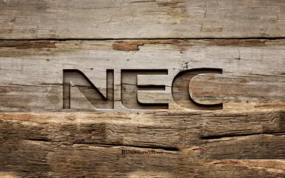 NEC wooden logo, 4K, wooden backgrounds, brands, NEC logo, creative, wood carving, NEC