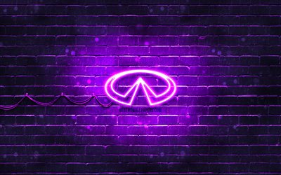 Infiniti violet logo, 4k, violet brickwall, Infiniti logo, cars brands, Infiniti neon logo, Infiniti