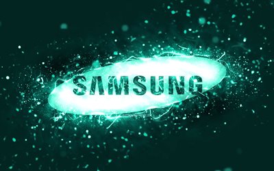 Samsung turquoise logo, 4k, turquoise neon lights, creative, turquoise abstract background, Samsung logo, brands, Samsung