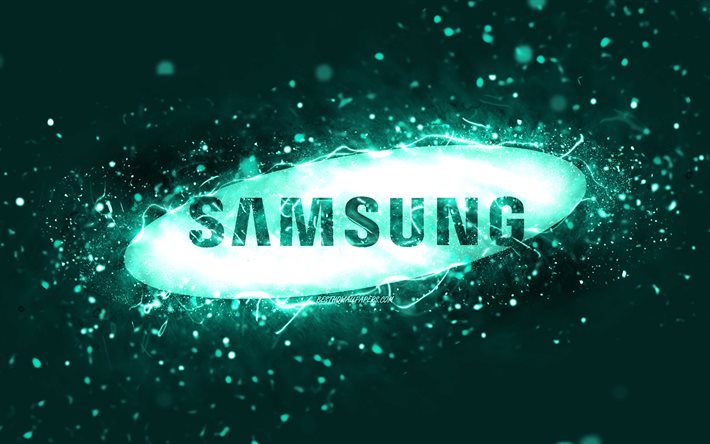 Logotipo turquesa da Samsung, 4k, luzes de n&#233;on turquesa, criativo, fundo abstrato turquesa, logotipo da Samsung, marcas, Samsung