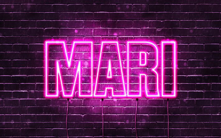 Mari, 4k, bakgrundsbilder med namn, kvinnliga namn, Mari-namn, lila neonljus, Grattis p&#229; f&#246;delsedagen Mari, popul&#228;ra norska kvinnliga namn, bild med Mari-namn