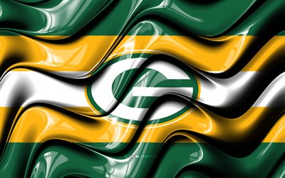 Green Bay Packers -lippu, 4k, vihre&#228;t ja keltaiset 3D-aallot, NFL, amerikkalainen jalkapallojoukkue, Green Bay Packers -logo, amerikkalainen jalkapallo, Green Bay Packers