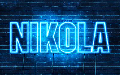 Nikola, 4k, wallpapers with names, Nikola name, blue neon lights, Happy Birthday Nikola, popular bulgarian male names, picture with Nikola name