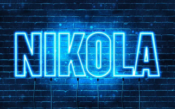 Nikola, 4k, bakgrundsbilder med namn, Nikola namn, bl&#229; neonljus, Grattis p&#229; f&#246;delsedagen Nikola, popul&#228;ra bulgariska manliga namn, bild med Nikola namn