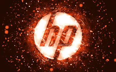 HP: n oranssi logo, 4k, oranssit neonvalot, luova, Hewlett-Packard-logo, oranssi abstrakti tausta, HP-logo, Hewlett-Packard, HP