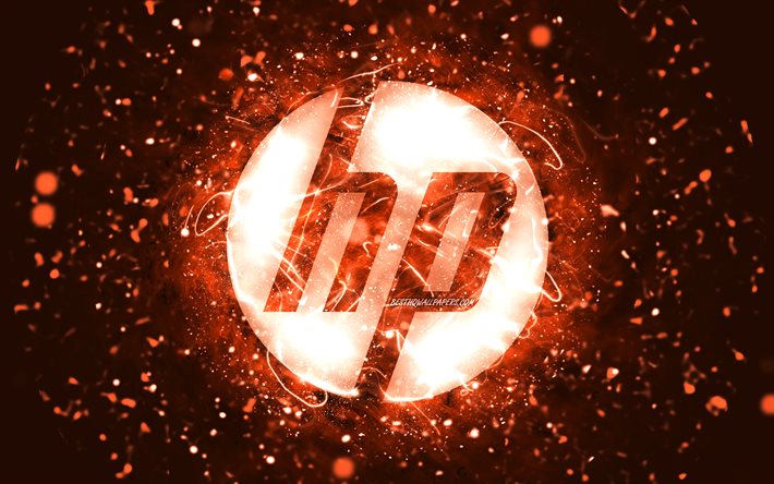 Logo arancione HP, 4k, luci al neon arancioni, creativit&#224;, logo Hewlett-Packard, sfondo astratto arancione, logo HP, Hewlett-Packard, HP