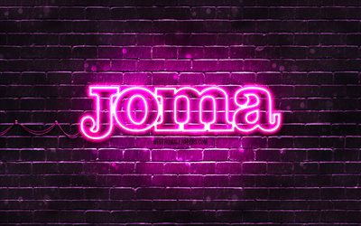 Logo viola Joma, 4k, brickwall viola, logo Joma, marchi sportivi, logo neon Joma, Joma
