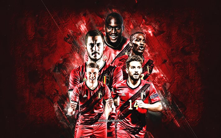 L&#39;&#233;quipe nationale de football de Belgique, fond de pierre rouge, Belgique, football, Eden Hazard, Romelu Lukaku, Kevin De Bruyne, Dries Merten
