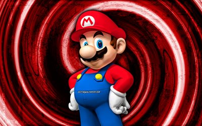 4k, Mario, fond grunge rouge, plombier de dessin anim&#233;, Super Mario, vortex, personnages de Super Mario, Super Mario Bros, Mario Super Mario