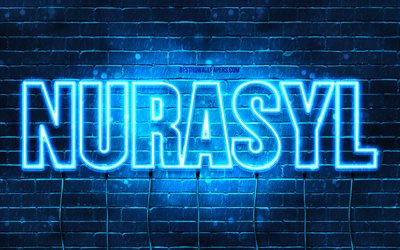 Nurasyl, 4k, wallpapers with names, Nurasyl name, blue neon lights, Happy Birthday Nurasyl, popular kazakh male names, picture with Nurasyl name