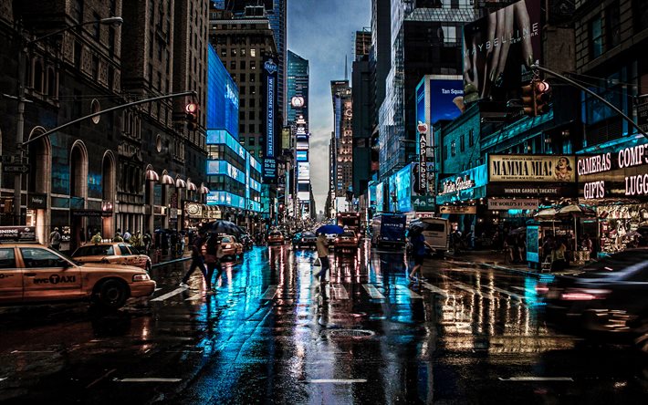New York City, 4k, avenue, NYC, yağmur, g&#246;kdelenler, gece manzaraları, sarı taksi, ABD, şehir manzaraları, New York, amerikan şehirleri