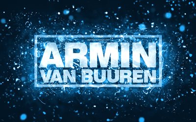 Armin van Buuren logo bleu, 4k, DJ n&#233;erlandais, n&#233;ons bleus, cr&#233;atif, fond abstrait bleu, logo Armin van Buuren, stars de la musique, Armin van Buuren