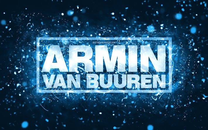 Logo blu Armin van Buuren, 4k, DJ olandesi, luci al neon blu, creativo, sfondo astratto blu, logo Armin van Buuren, star della musica, Armin van Buuren
