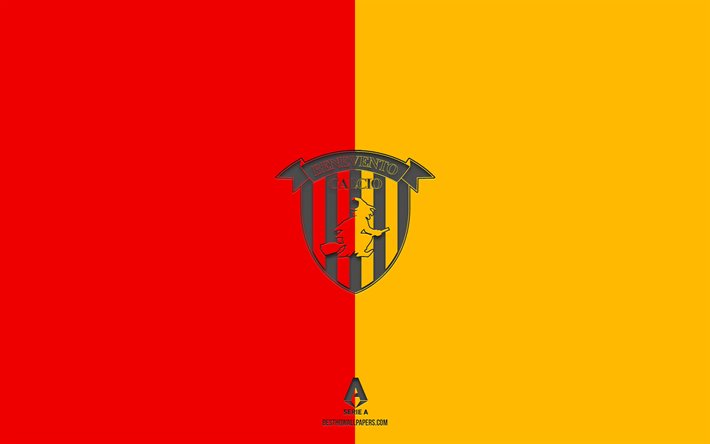 Benevento Calcio, punainen keltainen tausta, Italian jalkapallojoukkue, Benevento Calcio -tunnus, Serie A, Italia, jalkapallo, Benevento Calcio -logo