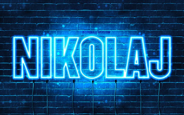 Nikolaj, 4k, fonds d&#39;&#233;cran avec des noms, nom Nikolaj, n&#233;ons bleus, joyeux anniversaire Nikolaj, noms masculins bulgares populaires, photo avec le nom Nikolaj