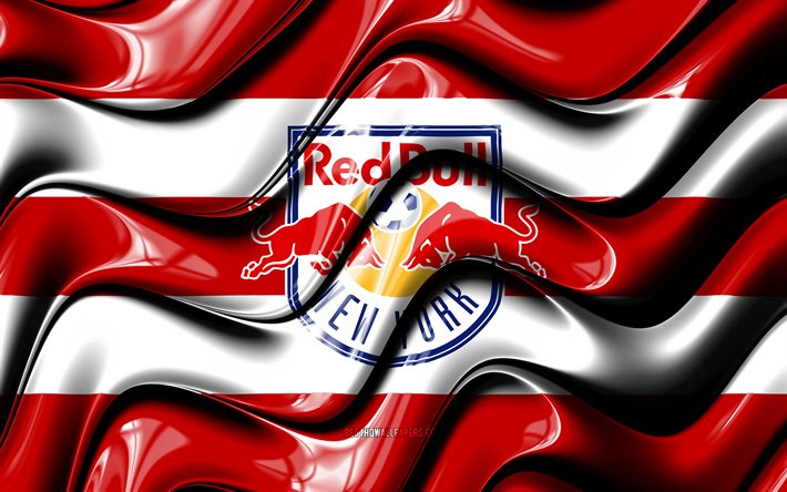 New York Red Bulls flag, 4k, red and white 3D waves, MLS, american soccer team, football, New York Red Bulls logo, soccer, New York Red Bulls FC, NY Red Bulls