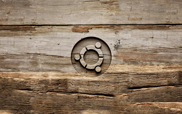 Logo en bois Ubuntu, 4K, Linux, arri&#232;re-plans en bois, OS, logo Ubuntu, cr&#233;atif, sculpture sur bois, Ubuntu