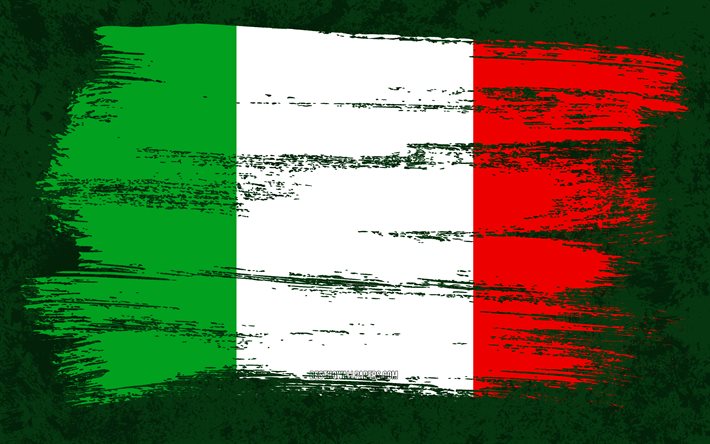 4k, drapeau de l&#39;Italie, drapeaux de grunge, pays europ&#233;ens, symboles nationaux, coup de pinceau, drapeau italien, art grunge, Europe, Italie
