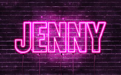Jenny, 4k, fonds d&#39;&#233;cran avec noms, noms f&#233;minins, nom Jenny, n&#233;ons violets, joyeux anniversaire Jenny, noms f&#233;minins norv&#233;giens populaires, photo avec le nom Jenny