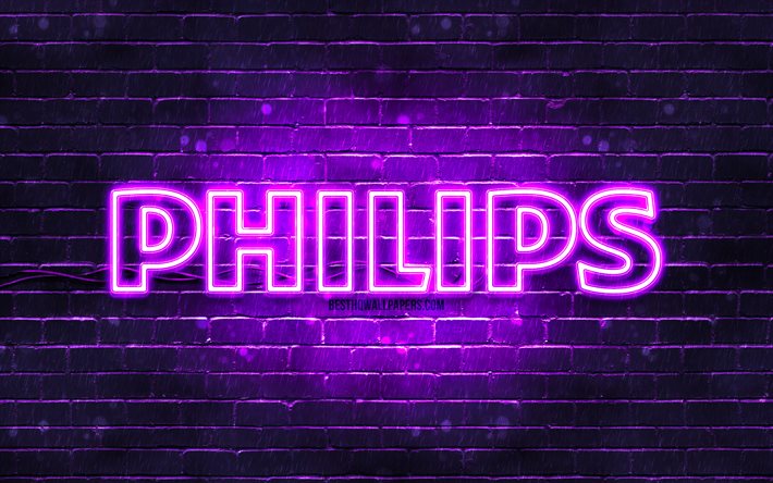 Logo violet Philips, 4k, mur de brique violet, logo Philips, marques, logo n&#233;on Philips, Philips