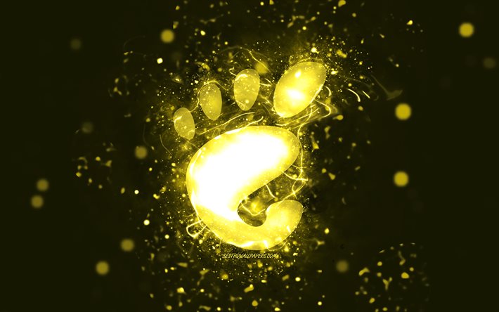 ノームイエローのロゴ, 4k, 黄色のネオンライト, Linux, creative クリエイティブ, 黄色の抽象的な背景, Gnomeロゴ, OS, GNOME