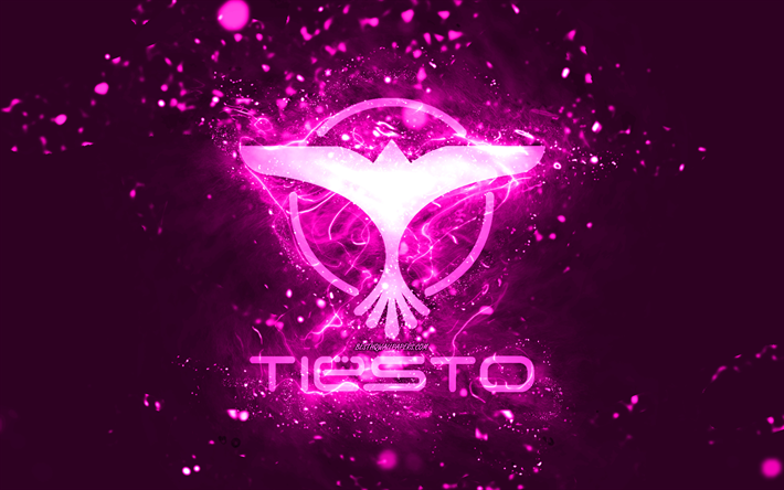 Tiesto purple logo, 4k, Dutch DJs, purple neon lights, creative, purple abstract background, DJ Tiesto logo, Tijs Michiel Verwest, Tiesto logo, music stars, DJ Tiesto