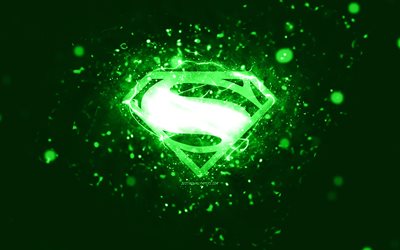 スーパーマンの緑のロゴ, 4k, 緑のネオンライト, クリエイティブ, 緑の抽象的な背景, スーパーマンのロゴ, スーパーヒーロー, スーパーマン