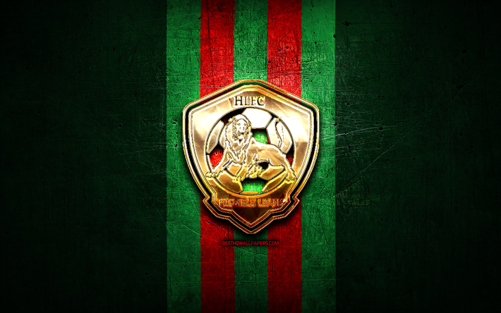 謙虚なライオンズfc, 金色のロゴ, ジャマイカプレミアリーグ, 緑の金属の背景, フットボール, ジャマイカサッカークラブ, 謙虚なライオンズのロゴ, サッカー, 謙虚なライオンズ