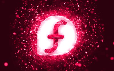 fedora vaaleanpunainen logo, 4k, vaaleanpunaiset neonvalot, luova, vaaleanpunainen abstrakti tausta, fedora-logo, linux, fedora