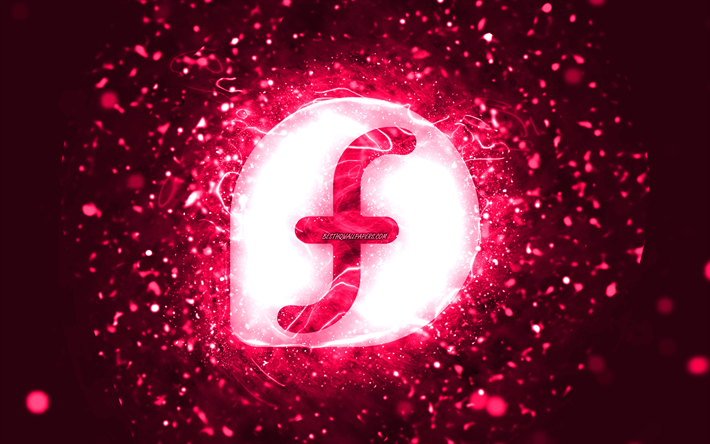 fedoraピンクのロゴ, 4k, ピンクのネオンライト, クリエイティブ, ピンクの抽象的な背景, fedoraロゴ, linux, fedora