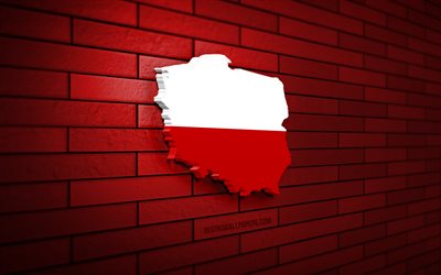 ポーランドの地図, 4k, 赤レンガの壁, ヨーロッパ諸国, ポーランドの地図のシルエット, ポーランドの旗, ヨーロッパ, ポーランド, ポーランドの3dマップ