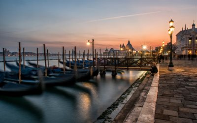 Venice, evening, sunset, boats, travel to Venice, Patriarchal Cathedral Basilica of Saint Mark, Venice cityscape, Italy