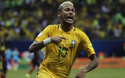 Neymar, Nacional do brasil de futebol da equipe, 4k, objectivos, Brasileiro jogador de futebol, para a frente, Neymar da Silva Santos Junior, Brasil