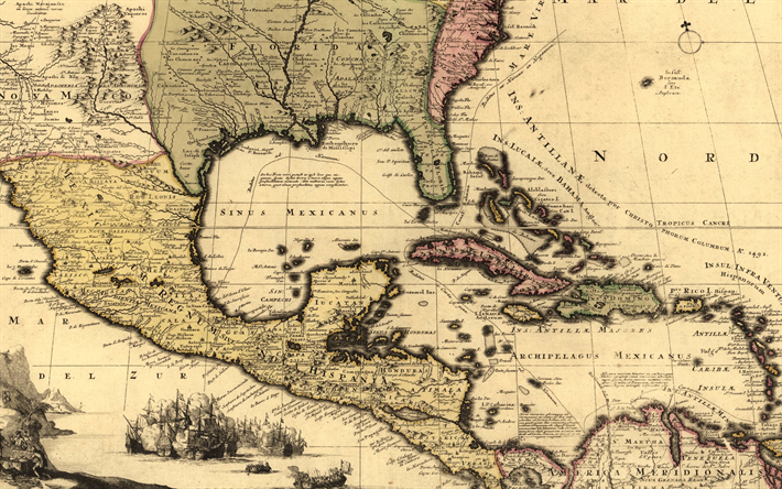 vecchia mappa di New Mexico State, Florida, Messico, Antiche carte geografiche, Nord America, America Centrale, 1710, la Mappa del Messico