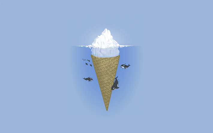 creative iceberg, ice cream, tip of the iceberg concepts, killer whales, blue background
