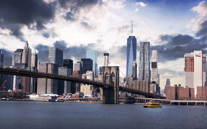 Brooklyn Bridge, New York, World Trade Center 1, USA, pilvenpiirt&#228;ji&#228;, 4 hein&#228;kuuta, metropoli, kaupunkikuva, Brooklyn, skyline
