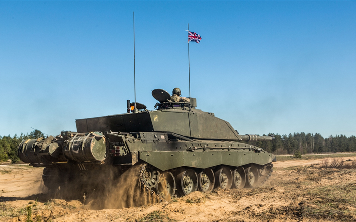 Challenger 2, British tank, training ground, Great Britain, battle tank, modern armored vehicles, British flag