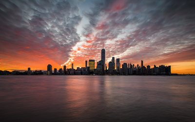 Jersey City, Nova york, Superior Bay, pôr do sol, EUA, World Trade Center 1, arranha-céus, céu da noite, 4 de julho, Liberty State Park