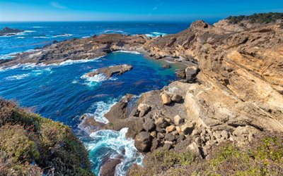 Pacific Ocean, rocky coast, rocks, waves, bay, California, Monterey, Big Sur Coastline, USA