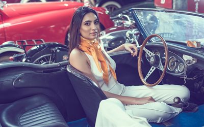 Roshmitha Harimurthy, bollywood, old retro sports car, Indian fashion model, beautiful woman, white dress