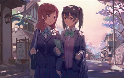 Nico Yazawa, Maki Nishikino, 4k, manga, schoolgirls, Love Live