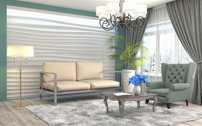 interni eleganti, soggiorno, 3d, pannelli di gesso, 3d onda sul muro, arredamento di design