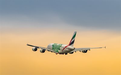4k, ايرباص A380, طيران الإمارات, تحلق الطائرة, طائرة ركاب, A380, الطيران المدني, ايرباص