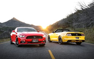 La Ford Mustang, la route, 4k, 2018 voitures, le soleil brillant, muscle cars, Mustang rouge, jaune Mustang, Ford