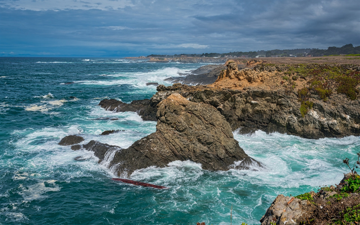 Gulf of San Francisco, Pacific Ocean, rocky coast, storm, waves, seascape, Point Cabrillo, Mendocino, California, Coast, USA